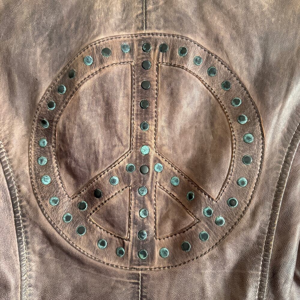 Y2K Vintage Gipsy Brown Distressed Leather Moto Jacket Peace Sign Extra Small - Picture 5 of 7